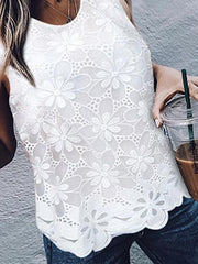 Round collar sleeveless patchwork chiffon lace top T-shirts