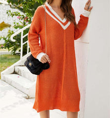 Casual Loose Stripe V neck Long sleeve Knit Maxi Dresses