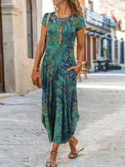 Round neck printed long dress with pockets maxi dresses
