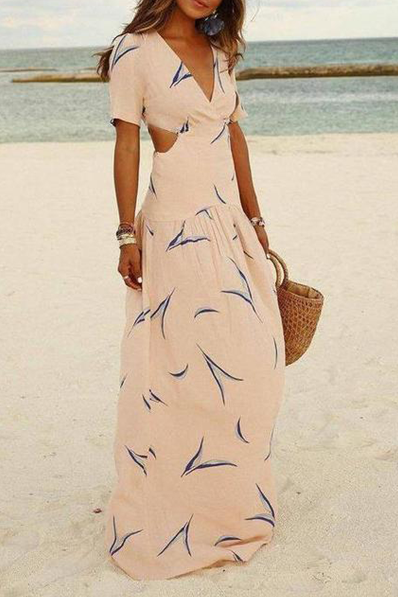 Vacation Print Hollowed Out V Neck A Line Maxi Dresses