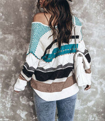Casual Loose Stripe print V neck Long sleeve Knit Sweaters
