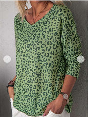 Fashion Leopard print V neck Long sleeve T-Shirts