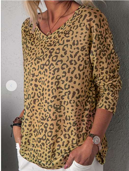 Fashion Leopard print V neck Long sleeve T-Shirts