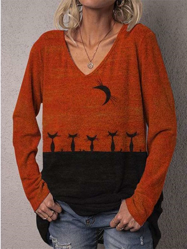 Casual Loose Gored Cat print V neck Long sleeve T-Shirts