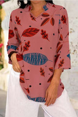 Casual Leaf print V neck Three quarter sleeve Blouses