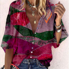 Casual Loose Retro print V neck Long sleeve Blouses