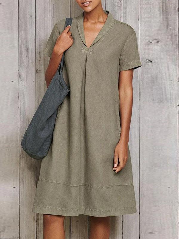 Vintage casual plain women v neck shift dresses