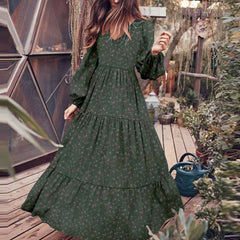 Casual Floral print Gored V neck Long sleeve Big hem Maxi Dresses