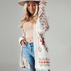 Casual Geometric print Long sleeve Knit Cardigan