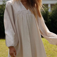 Casual Loose Pure V neck Long sleeve Shift Dresses