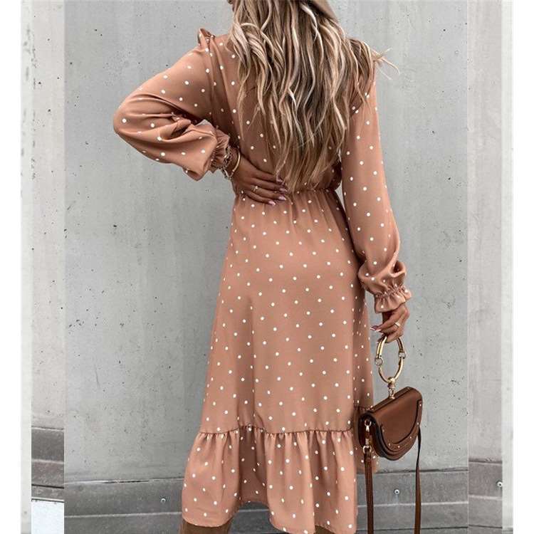 Fashion Point print V neck Fastener Long sleeve Gored Vent Skater Maxi Dresses