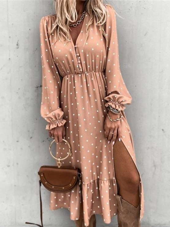 Fashion Point print V neck Fastener Long sleeve Gored Vent Skater Maxi Dresses