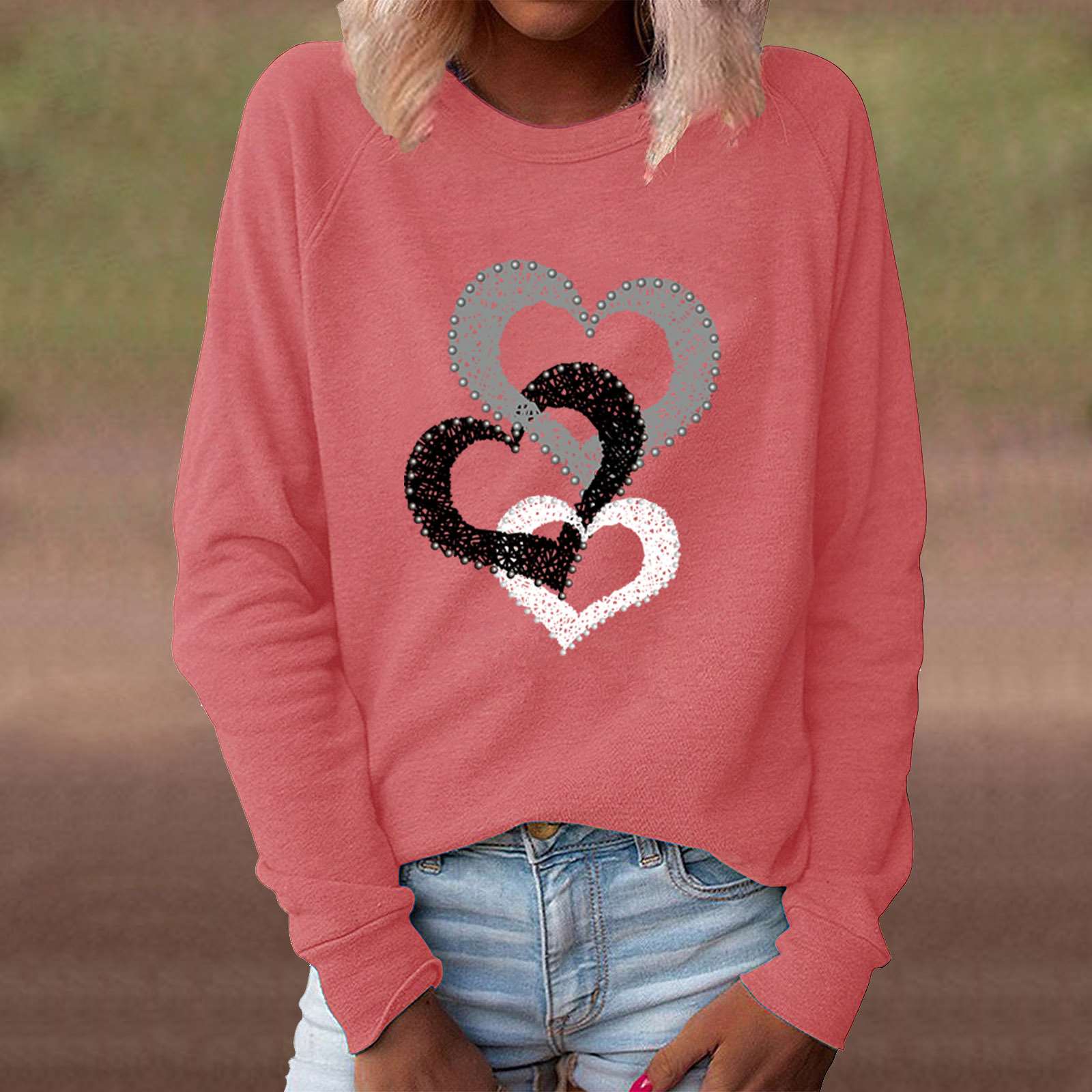 Casual Loose Heart print Round neck Long sleeve T shirt Sweatshirts