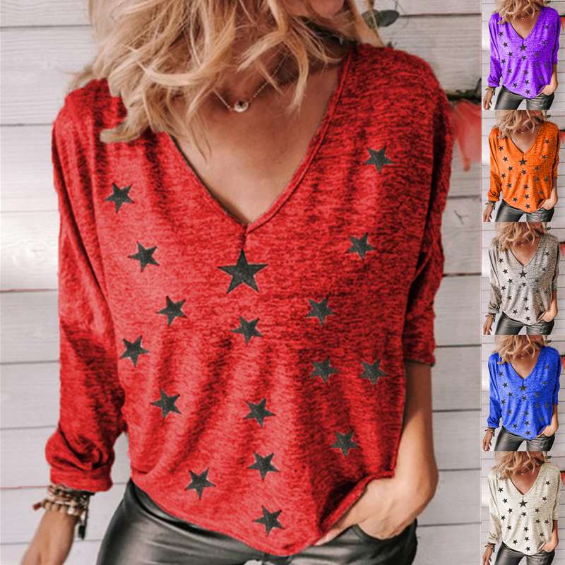 Casual Star print V neck Long sleeve T-Shirts