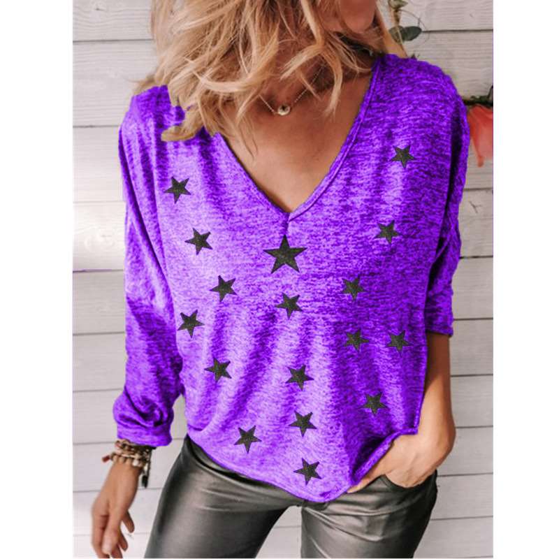 Casual Star print V neck Long sleeve T-Shirts