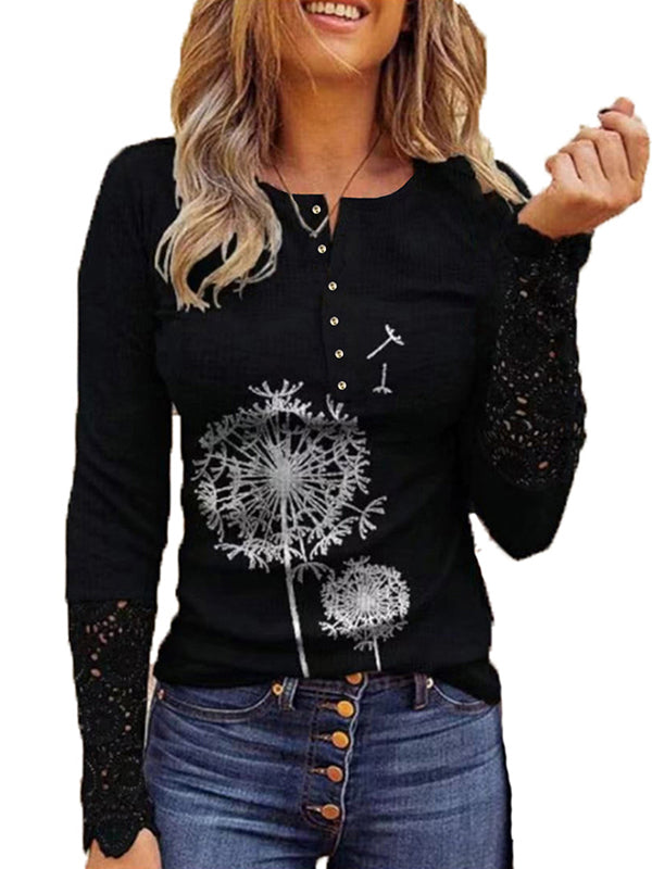Round neck wowen long sleeve printed fashion T-shirts