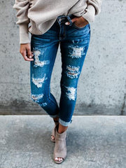 Blue Broken Hole Slim Cotton Jeans Long Pants