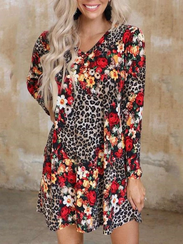 Fashion Leopard Floral Print V neck Long sleeve Shift Dresses