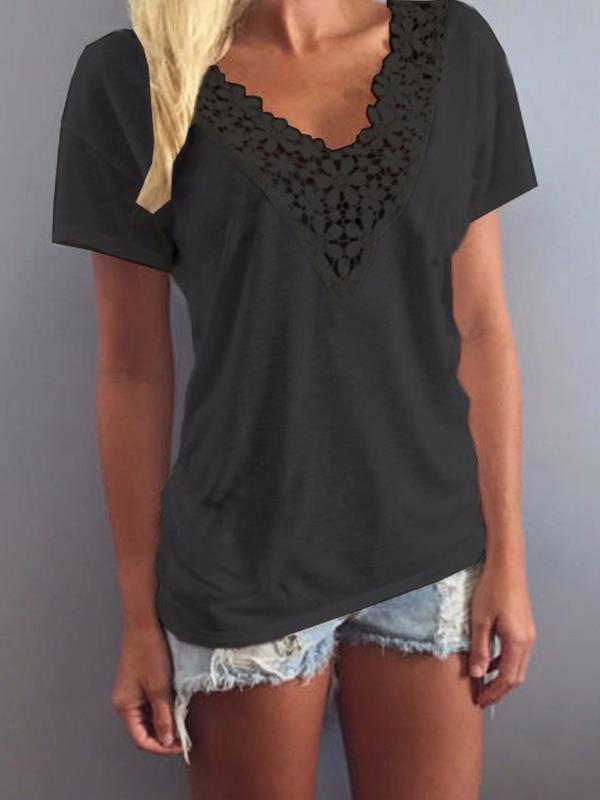 Short Sleeved Lace Decoration V neck Casual T-shirts