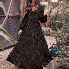 Casual Floral print Gored V neck Long sleeve Big hem Maxi Dresses