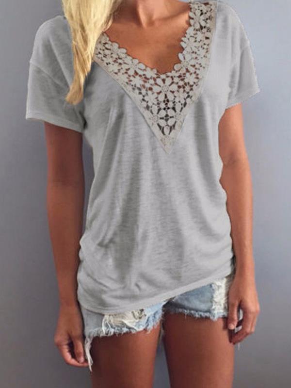 Short Sleeved Lace Decoration V neck Casual T-shirts