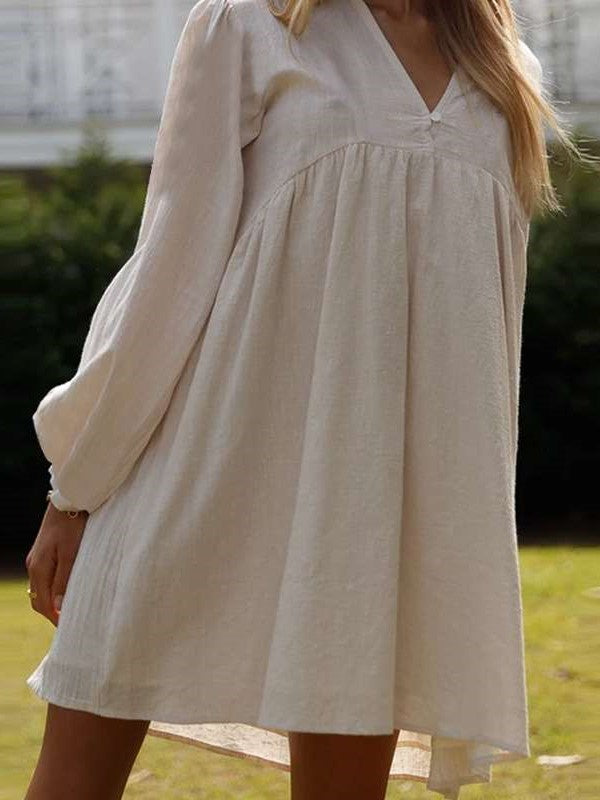Casual Loose Pure V neck Long sleeve Shift Dresses