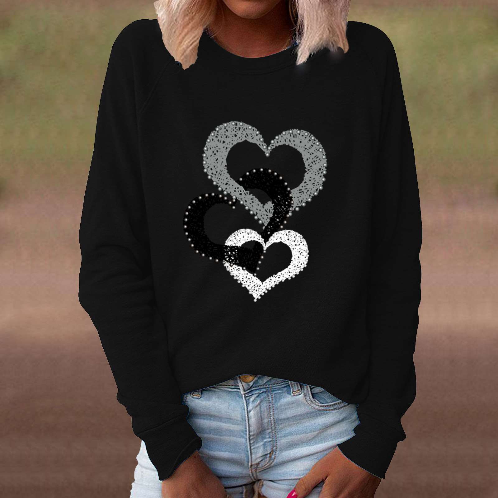 Casual Loose Heart print Round neck Long sleeve T shirt Sweatshirts