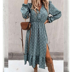 Fashion Point print V neck Fastener Long sleeve Gored Vent Skater Maxi Dresses