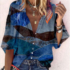 Casual Loose Retro print V neck Long sleeve Blouses