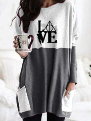 Casual Loose Gored Print Round neck Long sleeve Shift Dresses