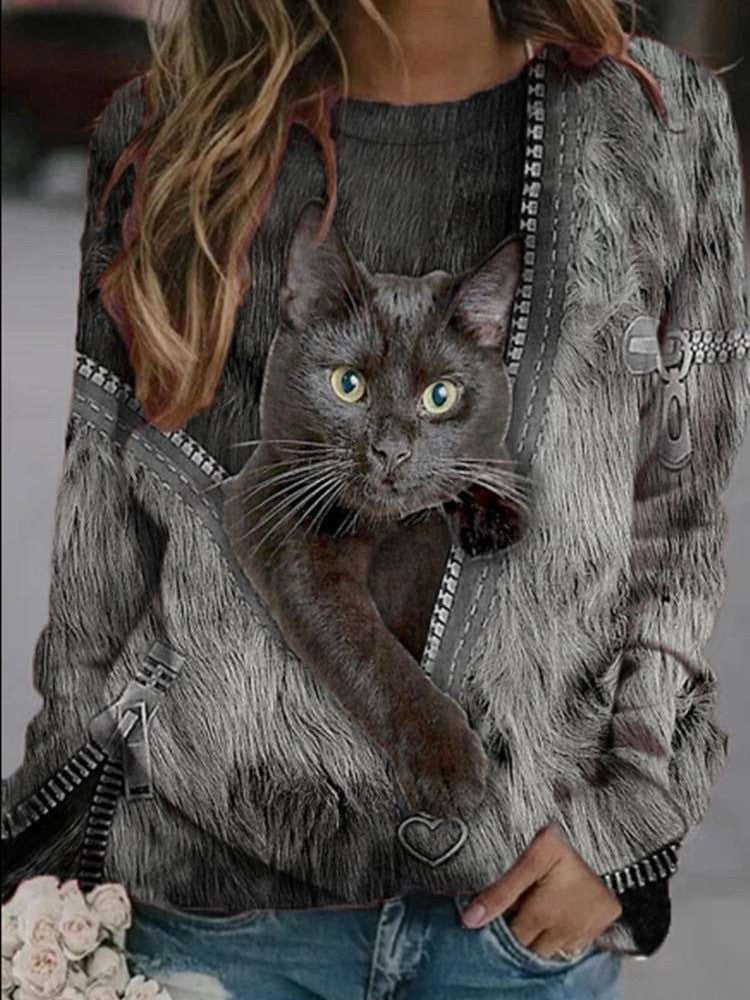 Casual Cat print Round neck Long sleeve T-Shirts