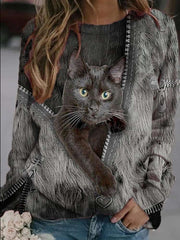 Casual Cat print Round neck Long sleeve T-Shirts