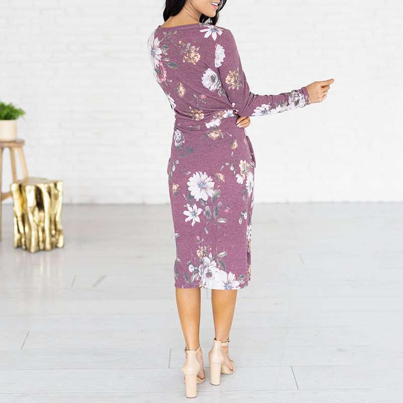 Women Floral print Round neck Long sleeve Lacing Skater Dresses