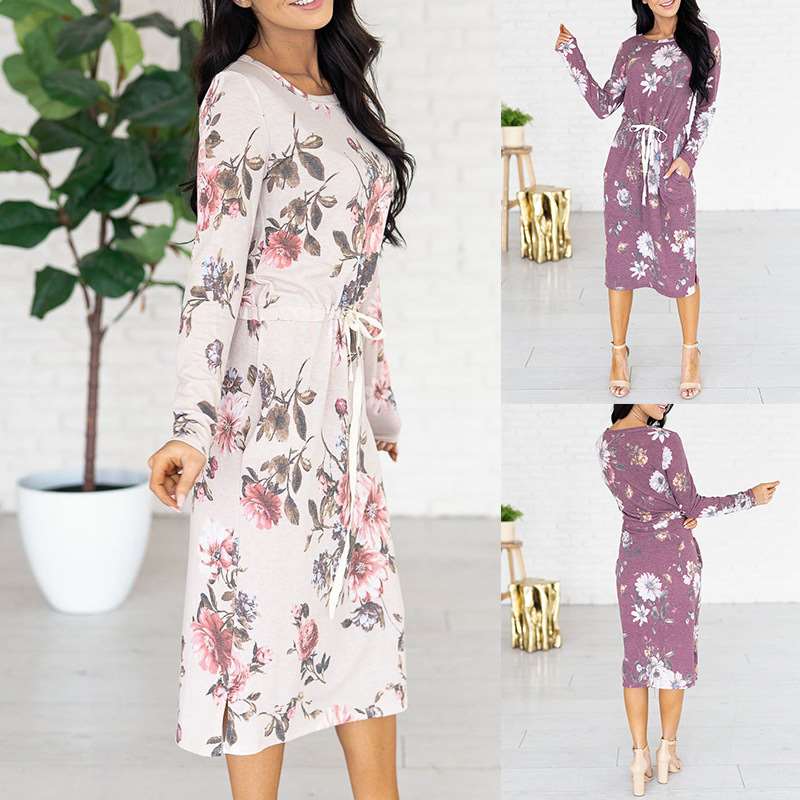 Women Floral print Round neck Long sleeve Lacing Skater Dresses