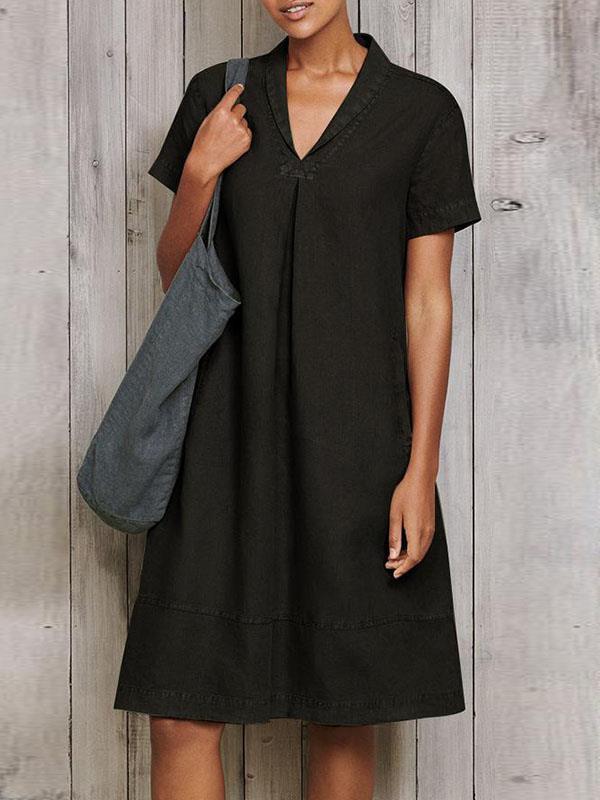 Vintage casual plain women v neck shift dresses