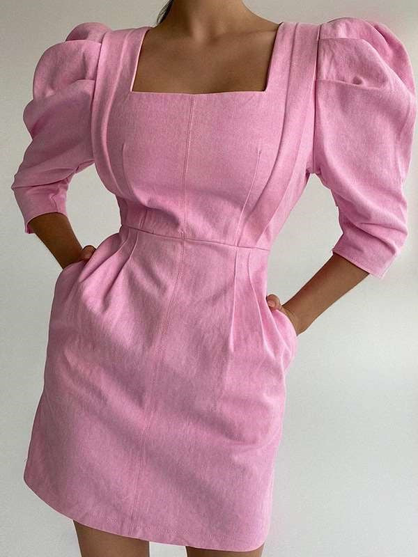 Fashion Pure Square collar Long sleeve Skater Dresses