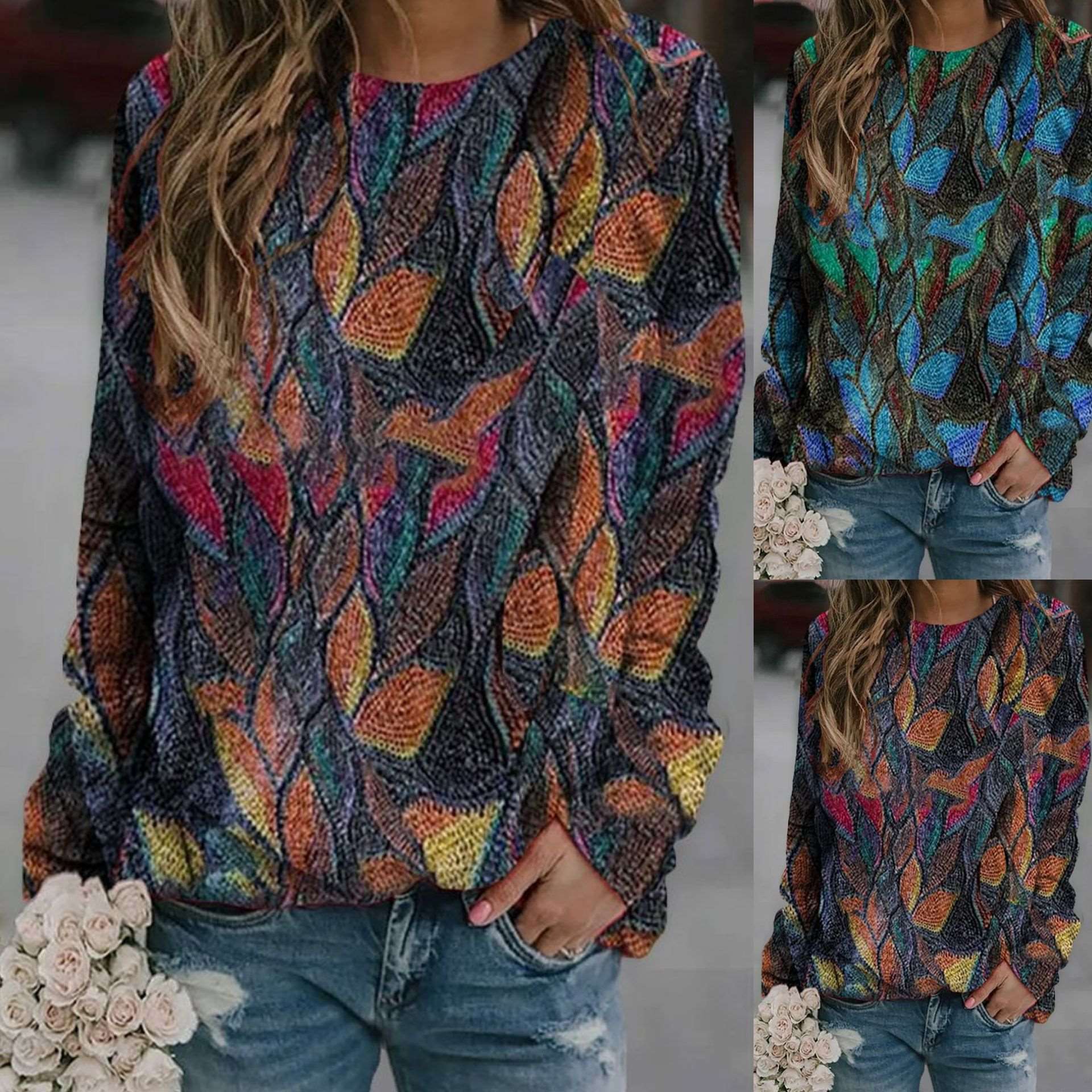 Fashion Retro print Round neck Long sleeve Sweatshirts