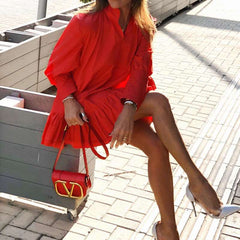 Pure Loose Stand collar Long sleeve Gored Falbala Shift Dresses