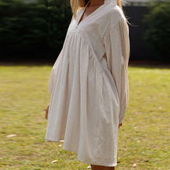 Casual Loose Pure V neck Long sleeve Shift Dresses