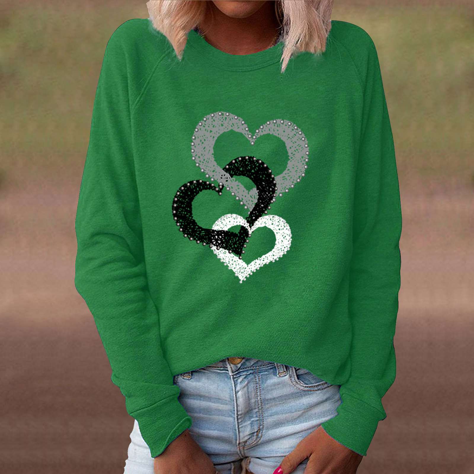 Casual Loose Heart print Round neck Long sleeve T shirt Sweatshirts