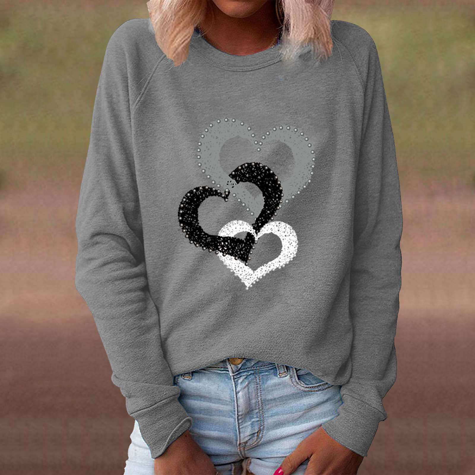 Casual Loose Heart print Round neck Long sleeve T shirt Sweatshirts