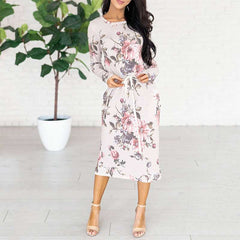 Women Floral print Round neck Long sleeve Lacing Skater Dresses