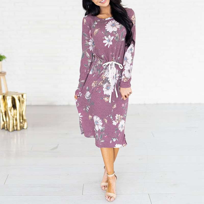 Women Floral print Round neck Long sleeve Lacing Skater Dresses