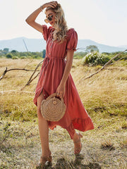 Casual Loose Pure Round neck Short sleeve Falbala Lacing Maxi Dresses