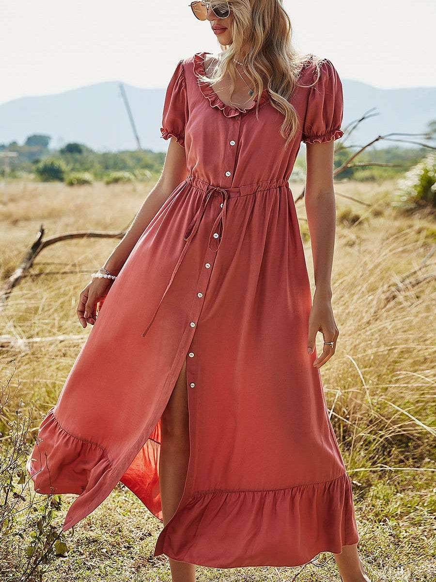 Casual Loose Pure Round neck Short sleeve Falbala Lacing Maxi Dresses