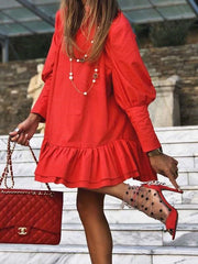 Pure Loose Stand collar Long sleeve Gored Falbala Shift Dresses