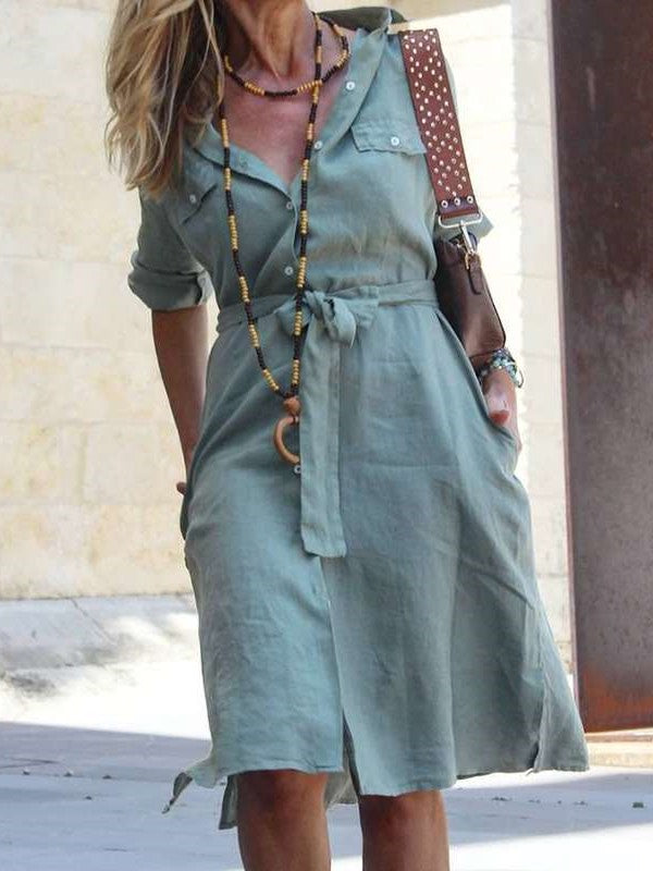 Casual Pure Lapel Long sleeve Lacing Shirt Skater Dresses