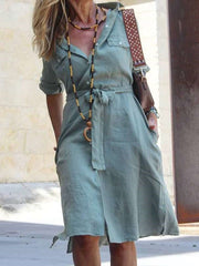 Casual Pure Lapel Long sleeve Lacing Shirt Skater Dresses