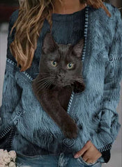 Casual Cat print Round neck Long sleeve T-Shirts