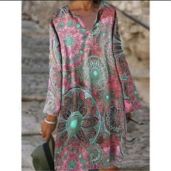 Casual Loose Floral print V neck Long sleeve Shift Dresses